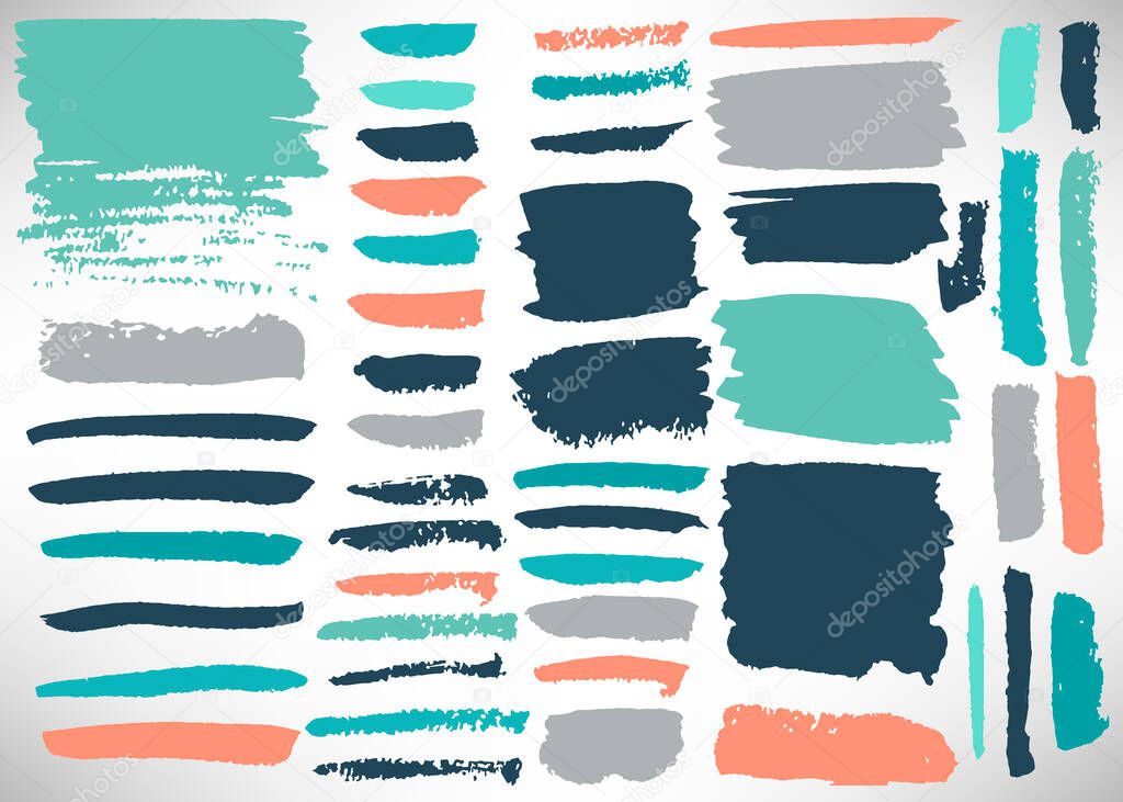 Big set of grunge brush stroke. Collection of Ink brush line, grunge lines, stripes, dividers, labels, templates. Set of dirty backgrounds, textured shapes. Distressed brushes. Vector illustration.