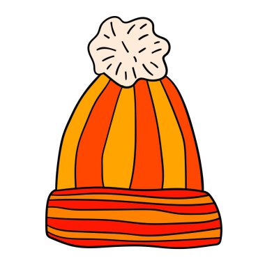 Pompalı yün şapka. El çizimi karikatür çizgi film kapağı beyaz arka planda izole edilmiş. Vektör illüstrasyonu. 