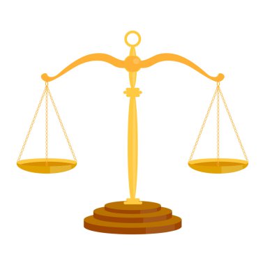 Mahkeme terazisi. Adalet dengesi sembolü ve avukatların eşitlik işareti, kanun ve yargı ikonu beyaza izole edilmiş. Vektör illüstrasyonu. 