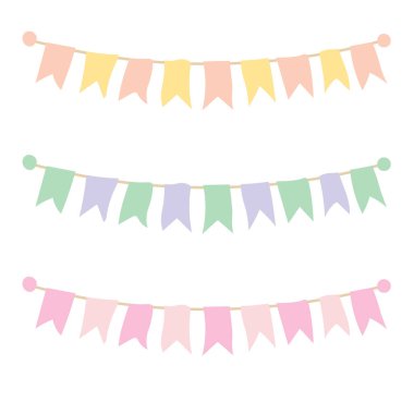 Beyaz arka planda çok renkli parlak çelenkler var. Vektör illüstrasyonu.