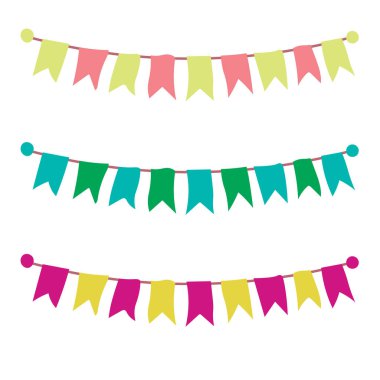 Beyaz arka planda çok renkli parlak çelenkler var. Vektör illüstrasyonu.