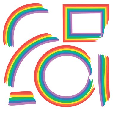 Gökkuşağı çerçeveleri, fırça darbeleri beyaz arka planda izole edilmiş. Vektör illüstrasyonu.