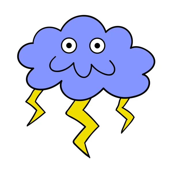 Cartoon Doodle Glückliche Wolke Mit Blitz Gewitterwolke Isoliert Auf Weißem — Stockvektor