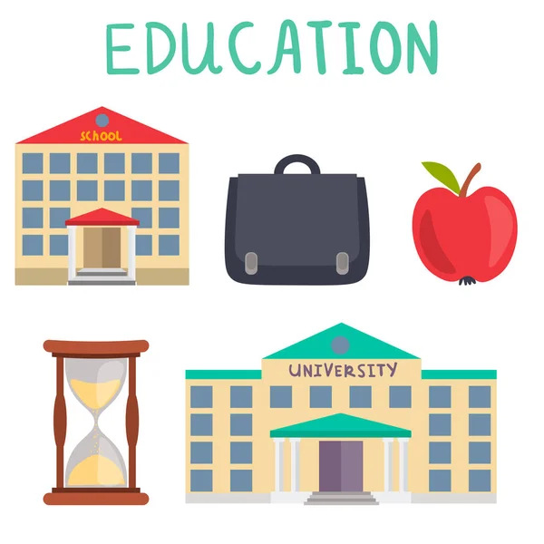 Conjunto Elementos Educativos Estilo Plano Edificio Escolar Universidad Maletín Manzana — Vector de stock