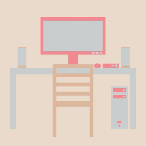 Bureau Travail Ordinateur Plat Style Minimaliste — Image vectorielle