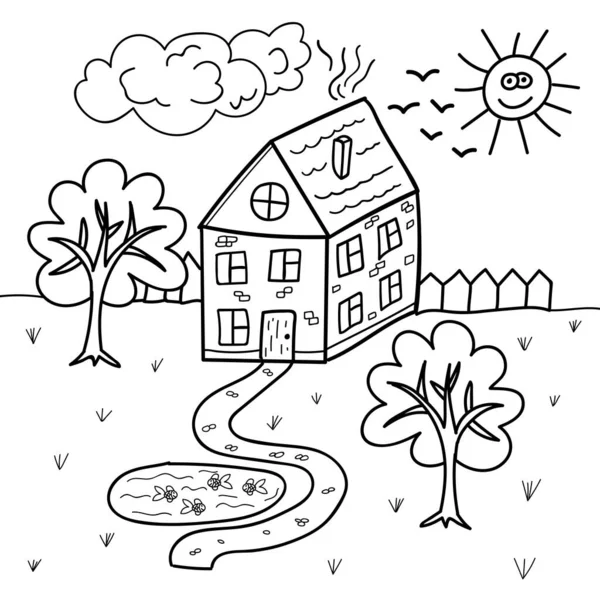 卡通涂鸦线性房子在孩童的风格与花园和池塘 村庄建筑 矢量说明 — 图库矢量图片