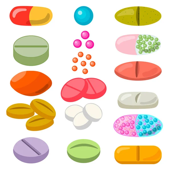 Conjunto Píldoras Coloridas Tabletas Medicamentos Para Salud Aislados Sobre Fondo — Vector de stock