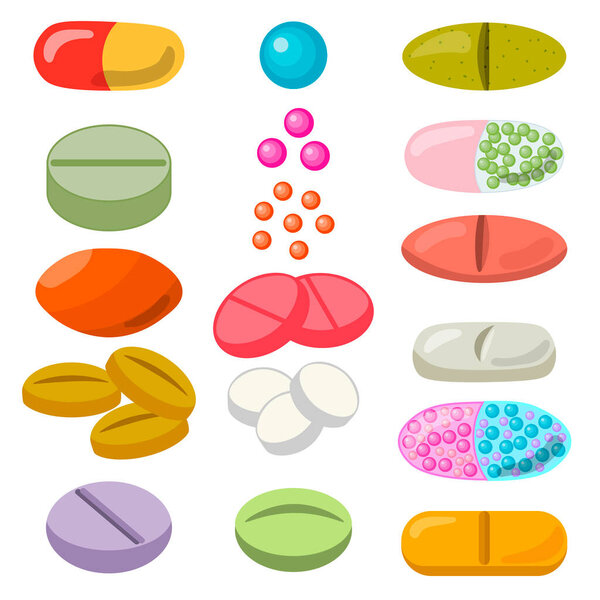Set of colorful pills and tablet, healthcare medication isolated on white background. Vector illustration.