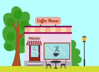 Binanın karikatür kafesi cephesi. Sokak manzaralı düz bir kafe. Ön dükkan. Vektör illüstrasyonu. 