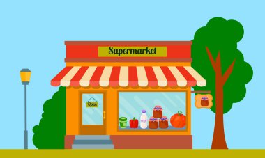 Binanın karikatür süpermarket cephesi. Sokak manzarası düz. Ön dükkan. Vektör illüstrasyonu. 
