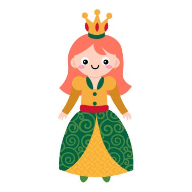 Beyaz arka planda izole edilmiş, düz stil mutlu küçük prenses çizgi filmi. Vektör illüstrasyonu.   