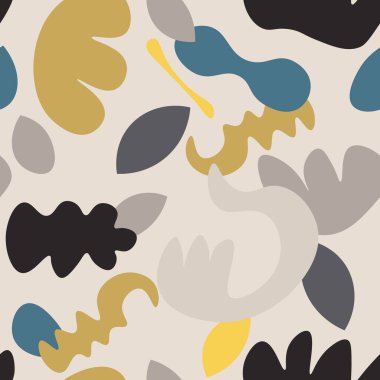 Farklı şekillerde, soyut, kusursuz bir çizgi film deseni. Karışık bir geçmişi var. Vektör illüstrasyonu. 