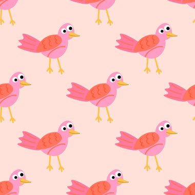 Düz stil tropik kuşlu şirin çizgi film deseni. Hayvan geçmişi. Vektör illüstrasyonu.   