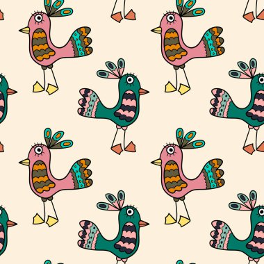 Tropik karikatür kuşuyla kusursuz desen. Vektör illüstrasyonu.  