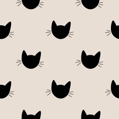 Şirin kedi ağızlıklarıyla kusursuz bir desen. Hayvan benekli arka planı. Kedi ambalaj kağıdı. Vektör illüstrasyonu. 