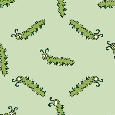 Çizgi film karalaması mutlu tırtıl çocuksu, dikişsiz desenli. Sonsuz böcek yaz arkaplanı. Vektör illüstrasyonu.  