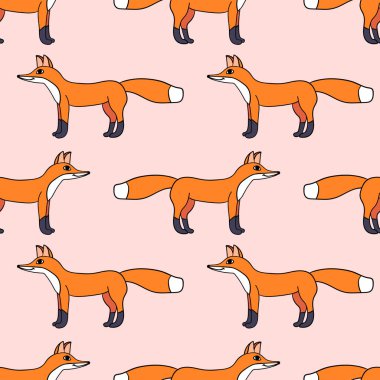 Arka planda karikatür karalama doğrusal tilki izole edilmiş kusursuz desen. Vektör illüstrasyonu. 