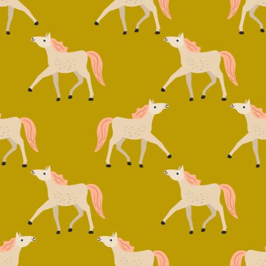 Çizgi filmdeki at kusursuz desen. Düz tarlalı polka nokta çiftlik hayvanları. Vektör illüstrasyonu.   