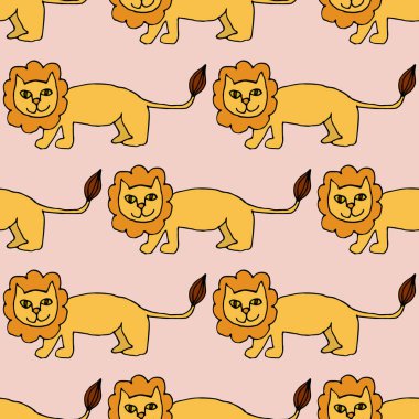 Çizgi film karalamaları doğrusal aslanlarda iz bırakmaz. Vahşi kedi geçmişi. Vektör illüstrasyonu.   