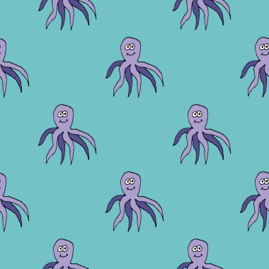 Çizgi filmlerdeki çizgisel şirin ahtapot desenleri. Deniz hayatı geçmişi. Vektör illüstrasyonu.  