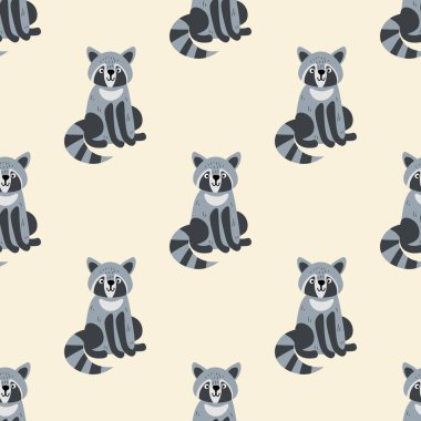 Düz şekilli, şirin bir rakun çizgi filmi. Orman hayvanı geçmişi. Vektör illüstrasyonu.   