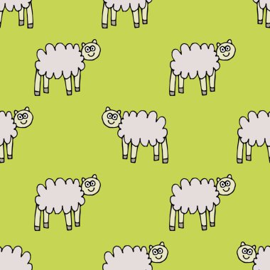 Çizgi film karalaması doğrusal koyun kusursuz desen. Sonsuzluk arka planı, çocuksu bir çiftlik hayvanı. Vektör illüstrasyonu.     