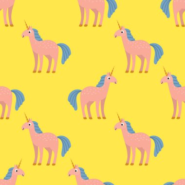 Sevimli çizgi film tek boynuzlu atı, düz çocuk tarzı, dikişsiz desenli. Parlak fantezi puantiyeli arka plan. Vektör illüstrasyonu.   