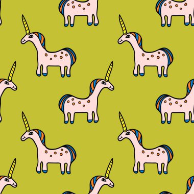 Güzel renksiz desen, el çizimi, profilden gülümseyen tek boynuzlu at, ince bir çizgi çizgisi var. Vektör illüstrasyonu.