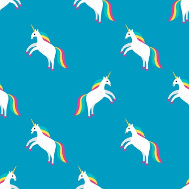 Sevimli çizgi film tek boynuzlu atı, düz çocuk tarzı, dikişsiz desenli. Parlak fantezi puantiyeli arka plan. Vektör illüstrasyonu.   