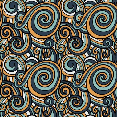 Soyut el çizimi ince çizgi dalgalı ve pürüzsüz desen. Kıvırcık gökyüzü ya da denizin dağınık arkaplanı. Vektör illüstrasyonu. 