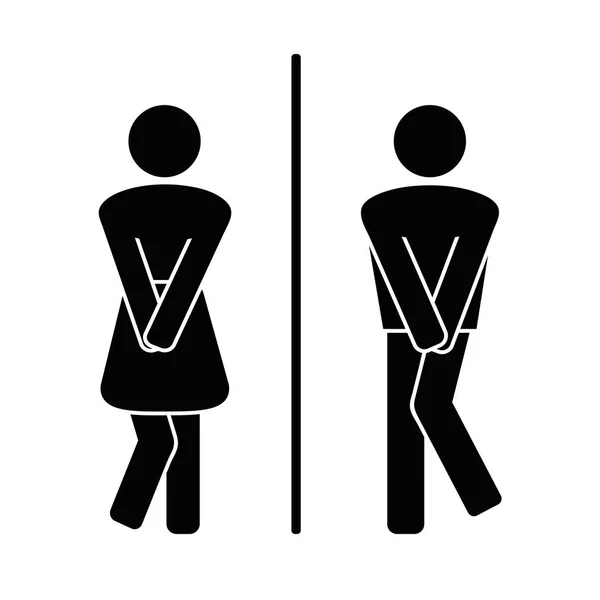 Komik WC kapılı düz semboller. Kızlar ve erkekler tuvaleti, tuvalet çifti imzası, çaresiz kadın işeyen adam simgeleri, eğlenceli tuvalet kapısı işaretleri, umumi tuvalet siluetleri. Vektör illüstrasyonu.