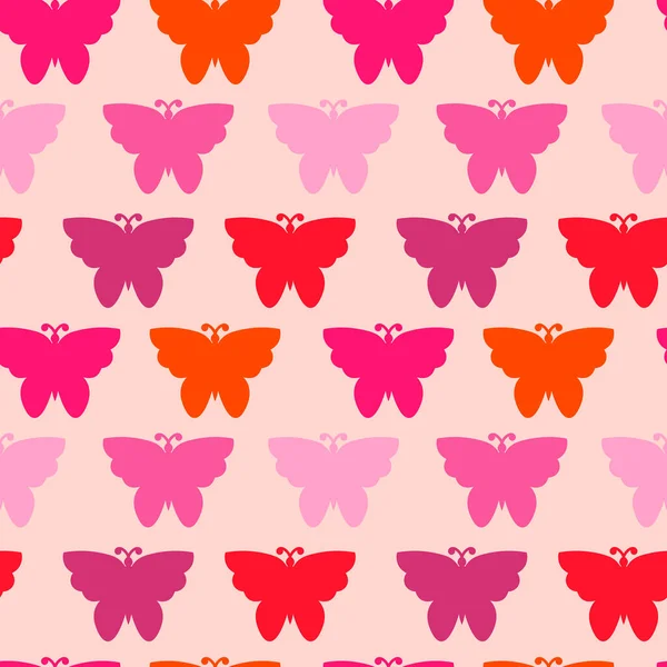 Sevimli pembe, kırmızı, turuncu kelebekli, renksiz desenli. Kağıt kaplama arkaplanı. Vektör illüstrasyonu.