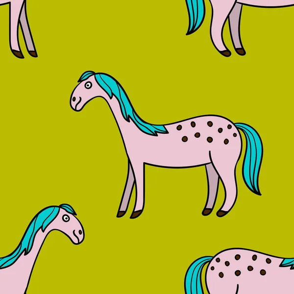 Симпатичный Красочный Бесшовный Узор Нарисованной Вручную Улыбающейся Лошадью Тонким Контуром — стоковый вектор