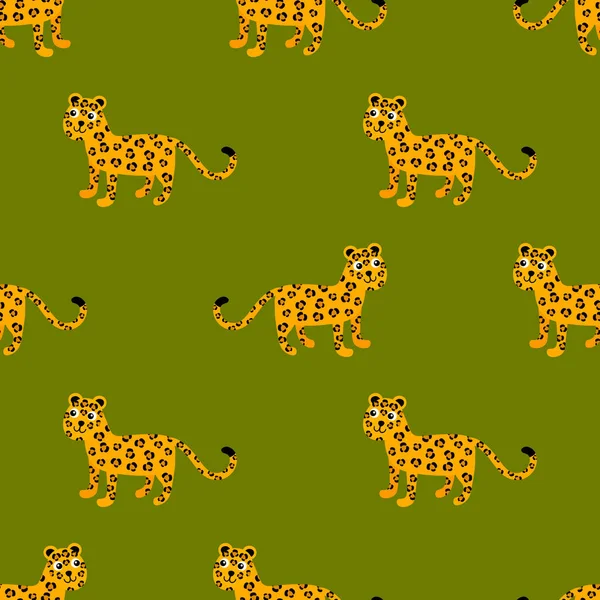 Cartoon Roztomilý Leopard Plochém Stylu Bezešvé Vzor Divoké Zvířecí Pozadí — Stockový vektor