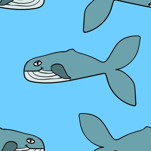 Pola Mulus Dengan Kartun Doodle Happy Whale Latar Belakang Lautan - Stok Vektor