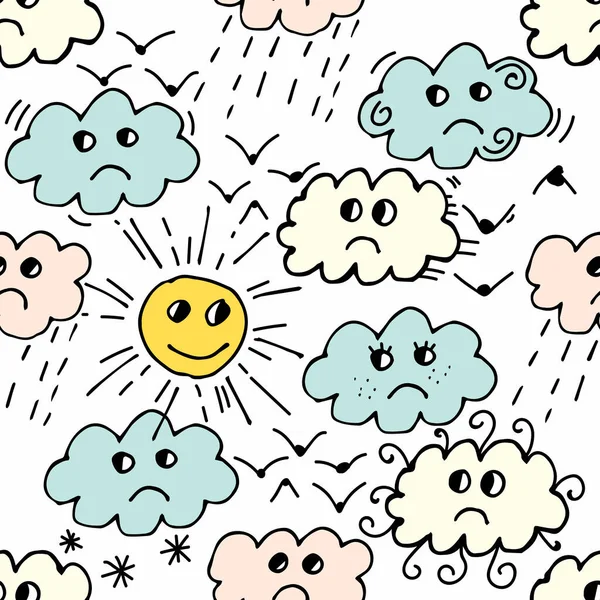 Nahtloses Muster Mit Sonne Wolken Regen Vogel Auf Weißem Hintergrund — Stockvektor