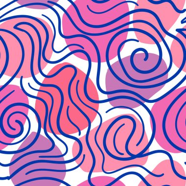 Düz olmayan daireler, kıvrımlı çizgiler ile geometrik arka plan. Soyut yuvarlak, pürüzsüz desen. Elle çizilmiş renkli noktalar. Vektör illüstrasyonu. 