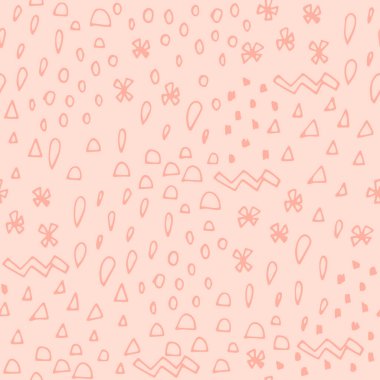 Pastel pembe el, farklı şekillere sahip soyut, pürüzsüz bir desen çizmiş: üçgen, nokta, zigzag. Memphis kusursuz desen. Geometrik elementler 80 'ler tarzında memphis. Vektör illüstrasyonu.