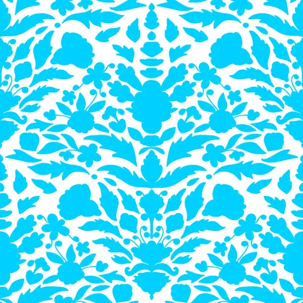 Azurová Modrá Květinová Damašek Ornament Bílém Pozadí Květinové Bezešvé Vzor — Stockový vektor