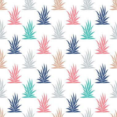 Tropikal, sulu bitkilerle, çalılarla kusursuz desen. Beyaz arka planda çiçek süsü. Vektör illüstrasyonu.