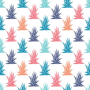 Tropikal, sulu bitkilerle, çalılarla kusursuz desen. Beyaz arka planda çiçek süsü. Vektör illüstrasyonu.