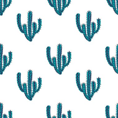 Beyaz arka planda dikişsiz kaktüs deseni. Vektör illüstrasyonu.