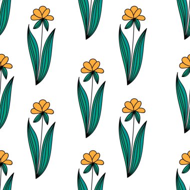 Sarı karalama çiçekleriyle desenli çiçek deseni. Beyaz arka planda elle çizilmiş çiçekler. Vektör illüstrasyonu.