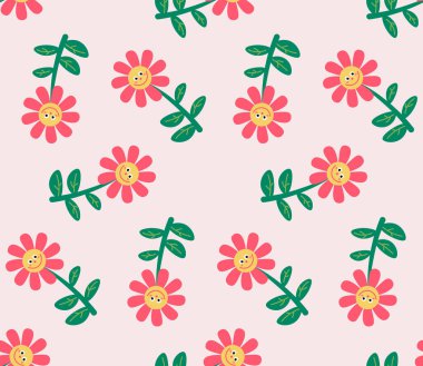 Düz şekilli, şirin çizgi film karakterleri. Çiçeksel çocuksu mozaik arka plan. Vektör illüstrasyonu.      