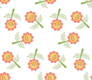 Düz şekilli, şirin çizgi film karakterleri. Çiçeksel çocuksu mozaik arka plan. Vektör illüstrasyonu.      