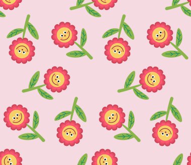 Düz şekilli, şirin çizgi film karakterleri. Çiçeksel çocuksu mozaik arka plan. Vektör illüstrasyonu.      