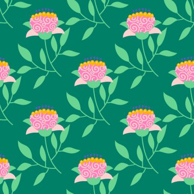 Sevimli çizgi film polka çiçekleri düz stil, pürüzsüz desenli. Çiçek gibi çocuksu bir geçmişi var. Vektör illüstrasyonu.    