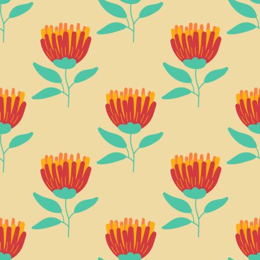 Sevimli çizgi film polka çiçekleri düz stil, pürüzsüz desenli. Çiçek gibi çocuksu bir geçmişi var. Vektör illüstrasyonu.    