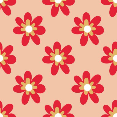 Sevimli çizgi film polka çiçekleri düz stil, pürüzsüz desenli. Çiçek gibi çocuksu bir geçmişi var. Vektör illüstrasyonu.    