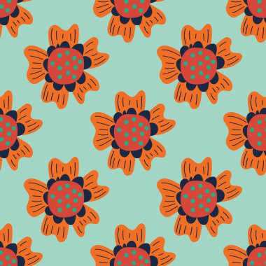 Sevimli çizgi film polka çiçekleri düz stil, pürüzsüz desenli. Çiçek gibi çocuksu bir geçmişi var. Vektör illüstrasyonu.    